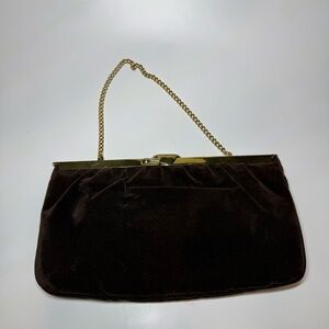 Brown Velvet Clutch with Gold Chain